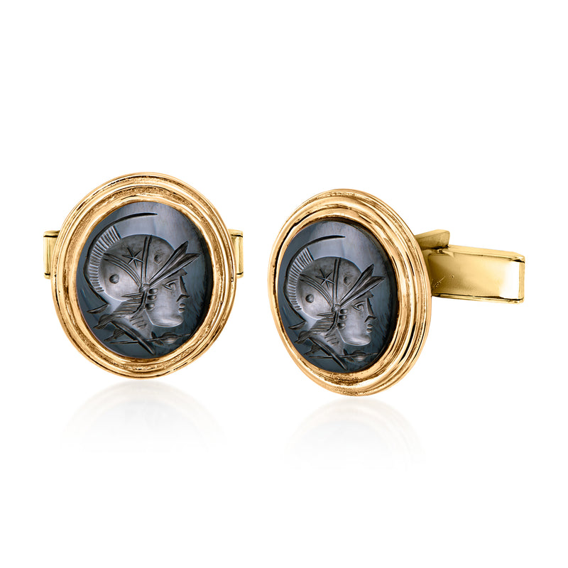 Round hematite intaglio cuff links in 14kt yellow gold with dark cameo centers