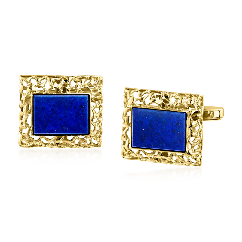 Vintage lapis blue square cuff links in textured 14kt yellow gold frames