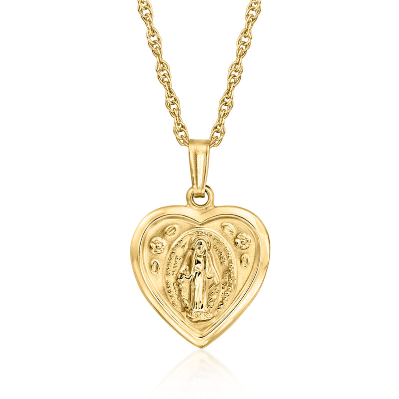 14kt yellow gold heart pendant necklace with embossed medal and beaded chain