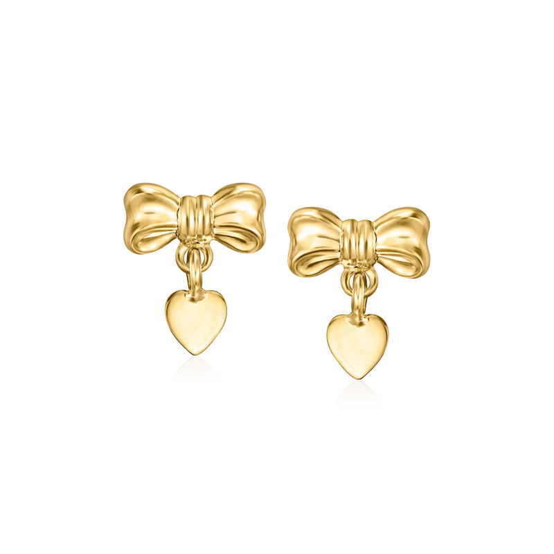 14kt yellow gold bow and heart drop earrings, dangling heart charm
