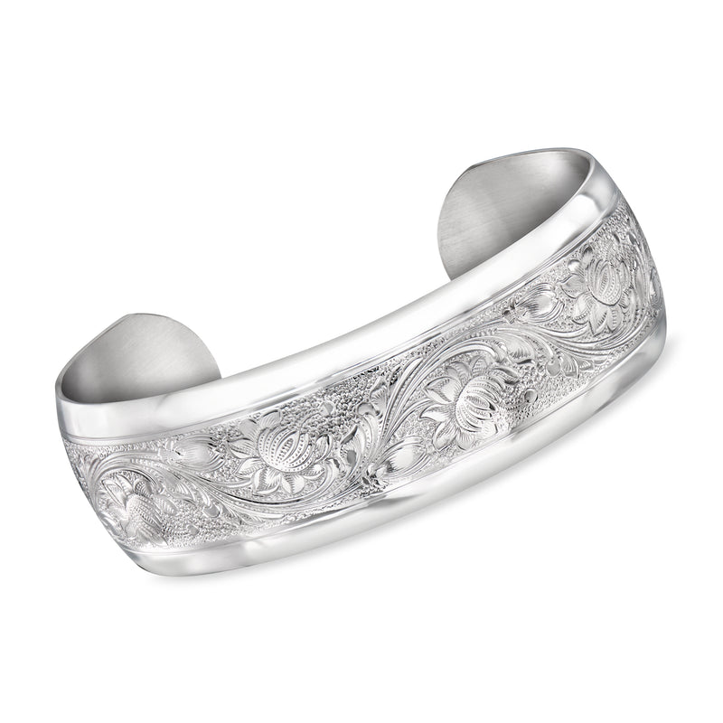 Sterling silver floral wide cuff bracelet with engraved leaf and blossom details