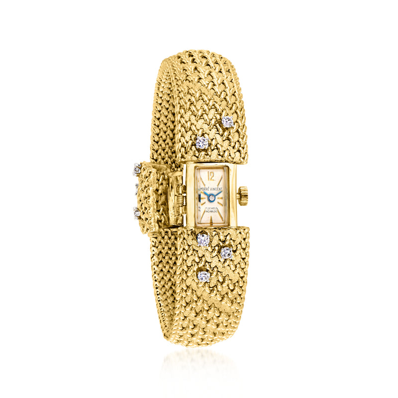 Vintage yellow gold mesh watch bracelet with diamond accents and square dial