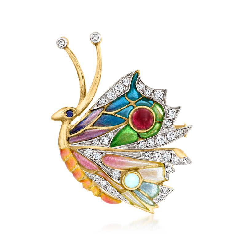 Yellow gold butterfly pin with multicolor enamel and diamond-like accents