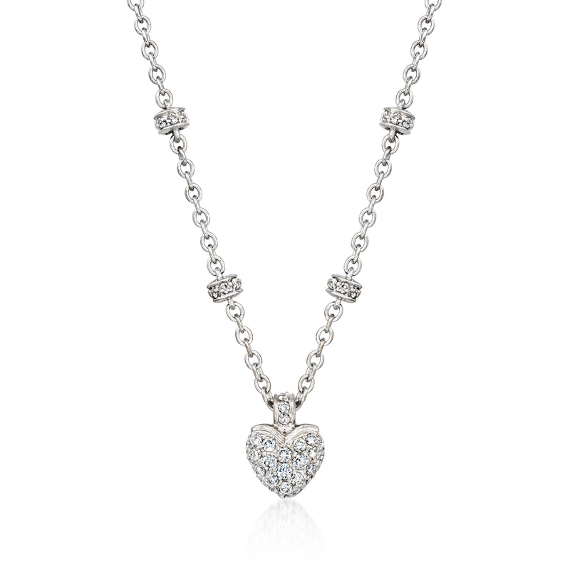 Vintage diamond heart station necklace in white gold with pavé heart pendant