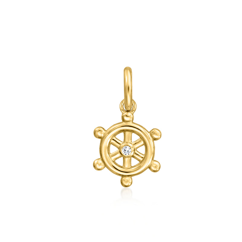 14kt yellow gold ship wheel charm with single diamond and loop bail