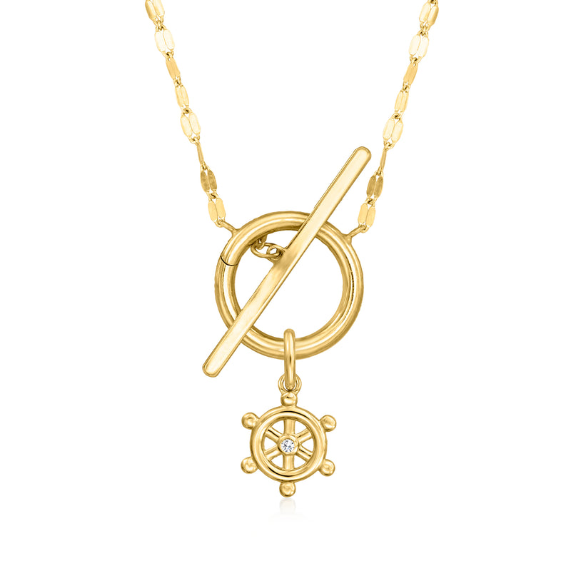 Yellow gold ship wheel charm with diamond, centered on chain necklace