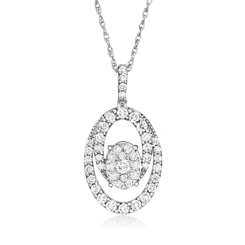 14kt white gold diamond double-oval pendant necklace with oval center and dangling links