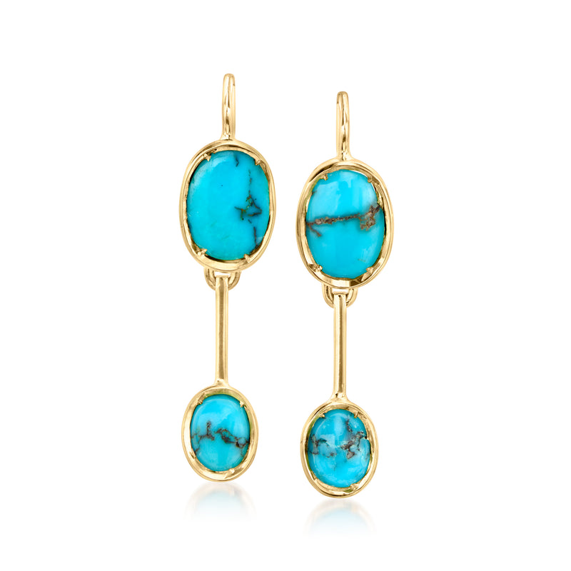 Turquoise double-drop oval earrings in 18kt yellow gold, with lever earwires.