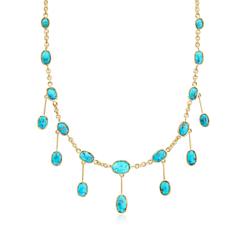 18k gold drop necklace with turquoise oval stones and dangling drops