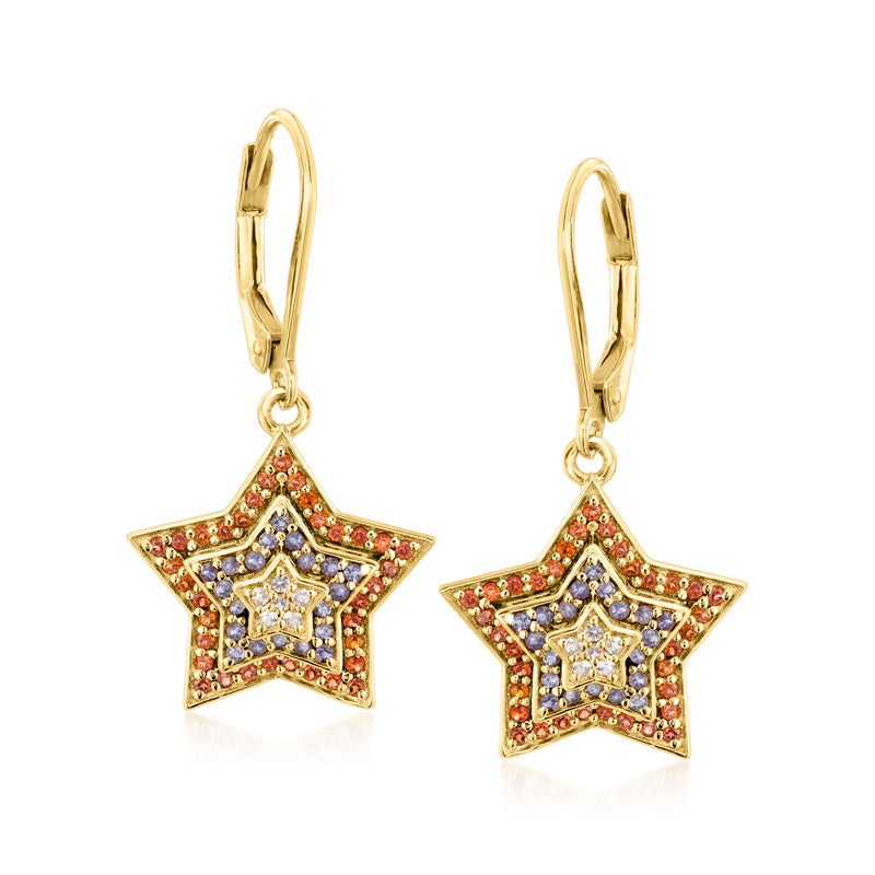 Gold star drop leverback earrings with red and blue gemstone insets