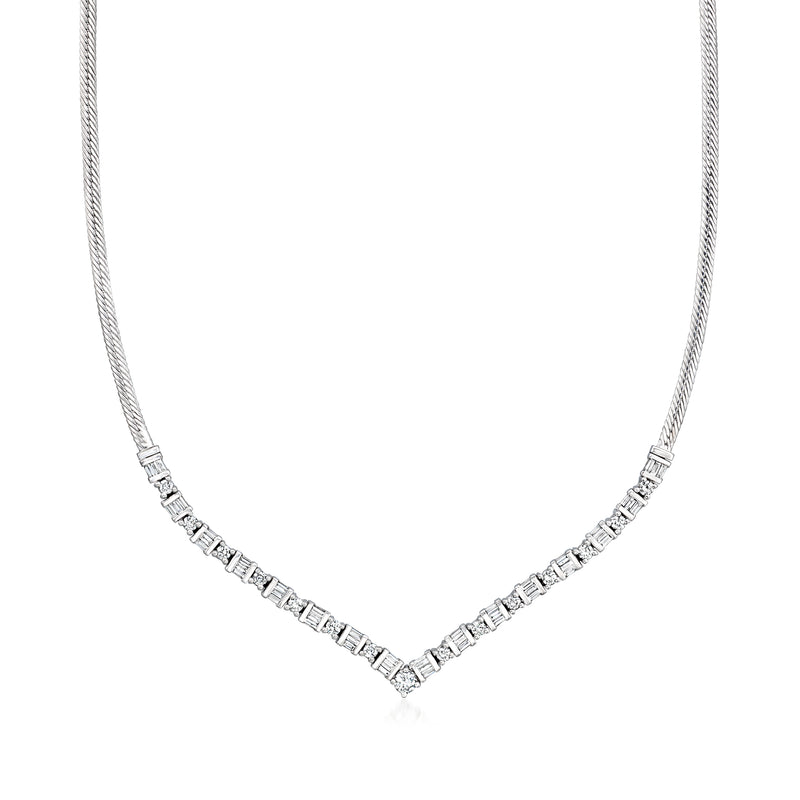 14k white gold diamond V-necklace with small square-cut stones and center diamond