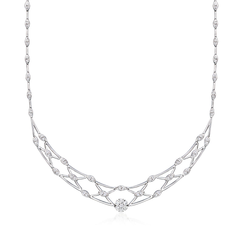 Diamond collar necklace in white gold with oval and round diamond links, centerpiece pendant