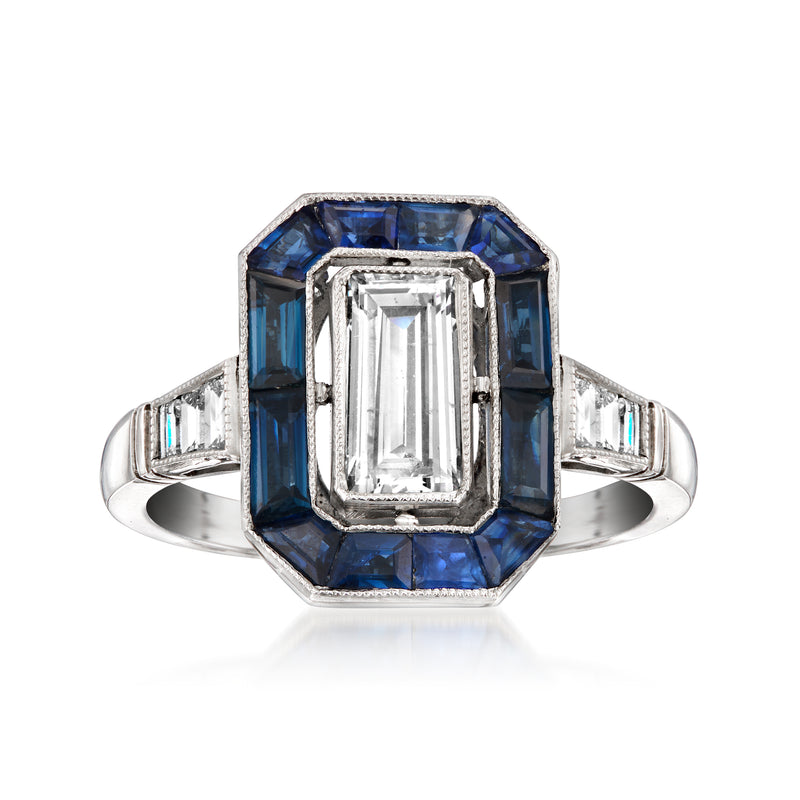 Platinum ring with rectangular center diamond and blue sapphire octagon halo
