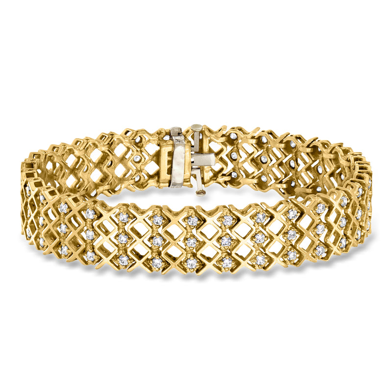 14kt yellow gold diamond weave bracelet with lattice diamond rows