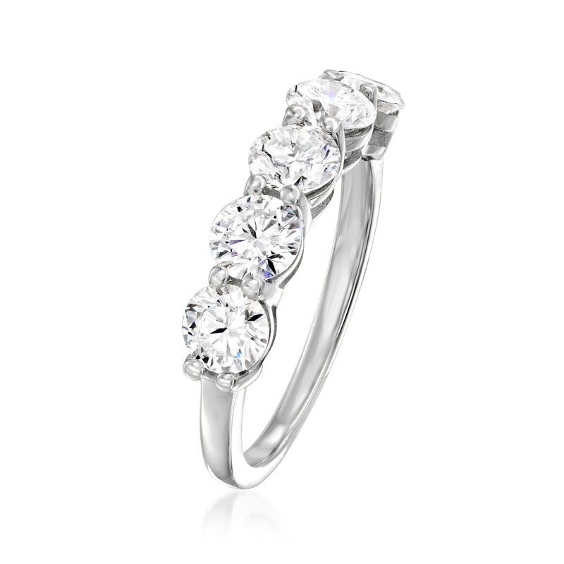 Platinum five-stone diamond ring side view with five round stones across the band