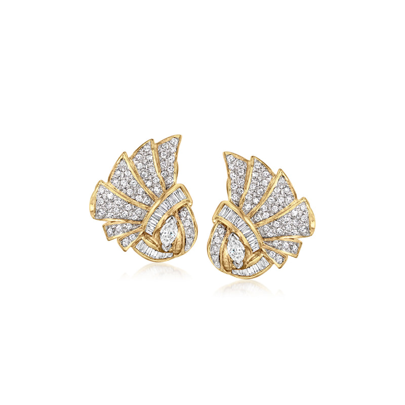 18kt yellow gold diamond fan earrings with clip/post backs, oval center stones