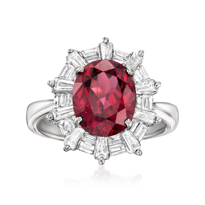 Vintage red rhodolite garnet ring in 18kt white gold with diamond baguette halo