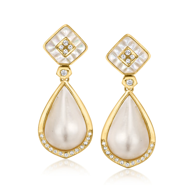 Vintage 18kt yellow gold drop earrings with mother-of-pearl teardrop and diamond accents