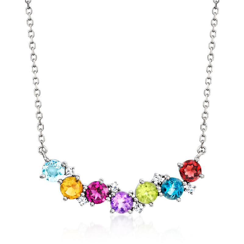 Sterling silver curved necklace with scattered multicolor round gemstones and chain links