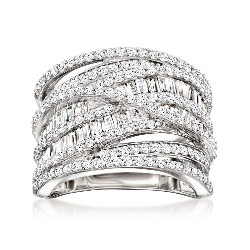Sterling silver diamond highway ring with layered baguette and round stones