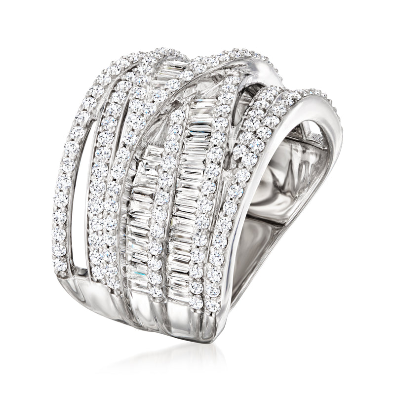 Sterling silver diamond highway ring angled view with baguette-cut center stones