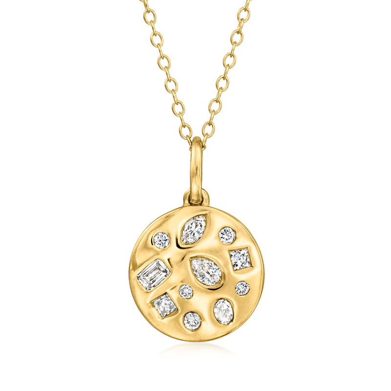 Gold disc pendant necklace with round setting of lab-grown diamond accents, 18kt