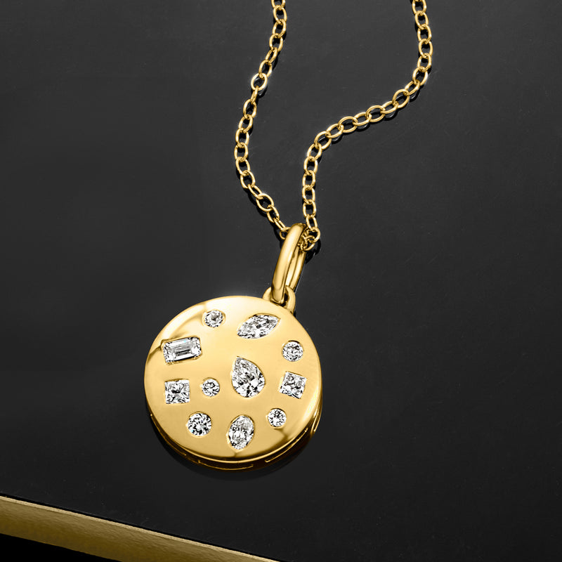Round gold diamond disc pendant with link chain, lab-grown stone pave detail