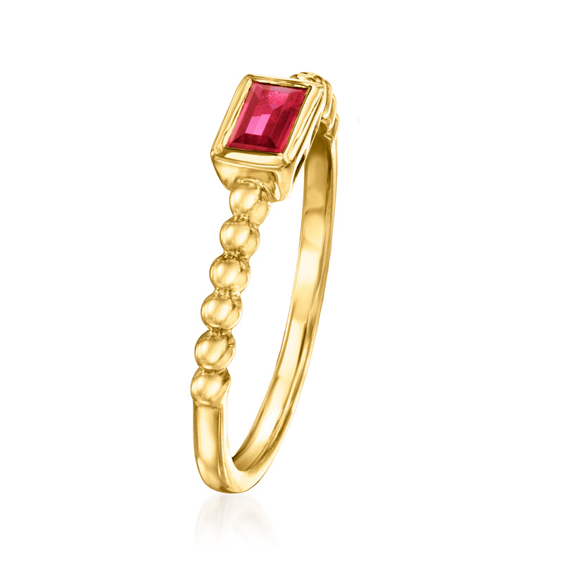 Gold vermeil ring with square pink ruby setting and beaded side band