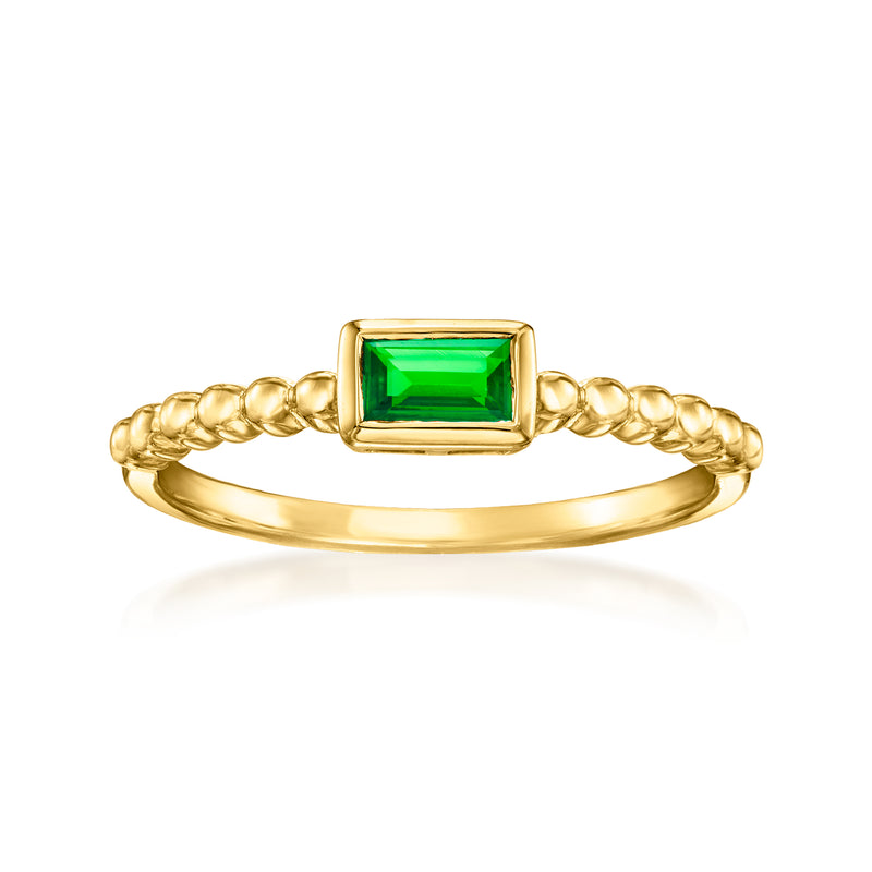 Gold vermeil ring with square green emerald and beaded band