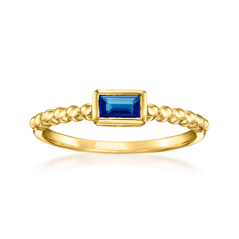 Gold vermeil ring with square bezel blue sapphire and twisted bead band