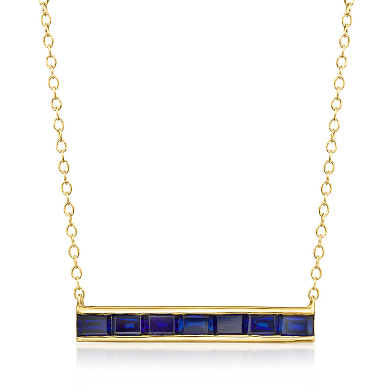 18kt gold vermeil bar necklace with blue sapphire baguette stones and chain links