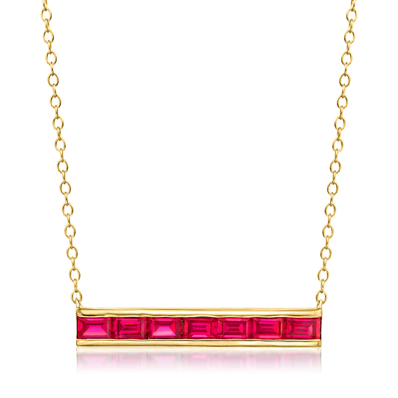 18kt gold vermeil ruby bar necklace with pink gemstone row and cable chain