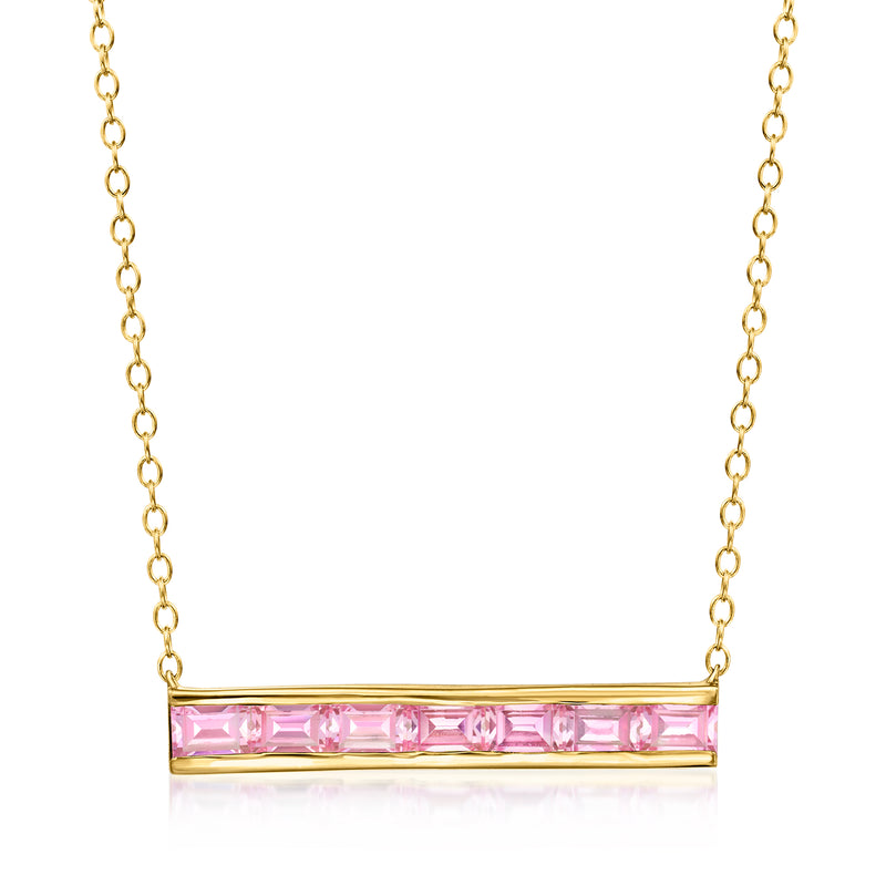 Gold vermeil bar necklace with horizontal row of pink lab-grown sapphire gemstones