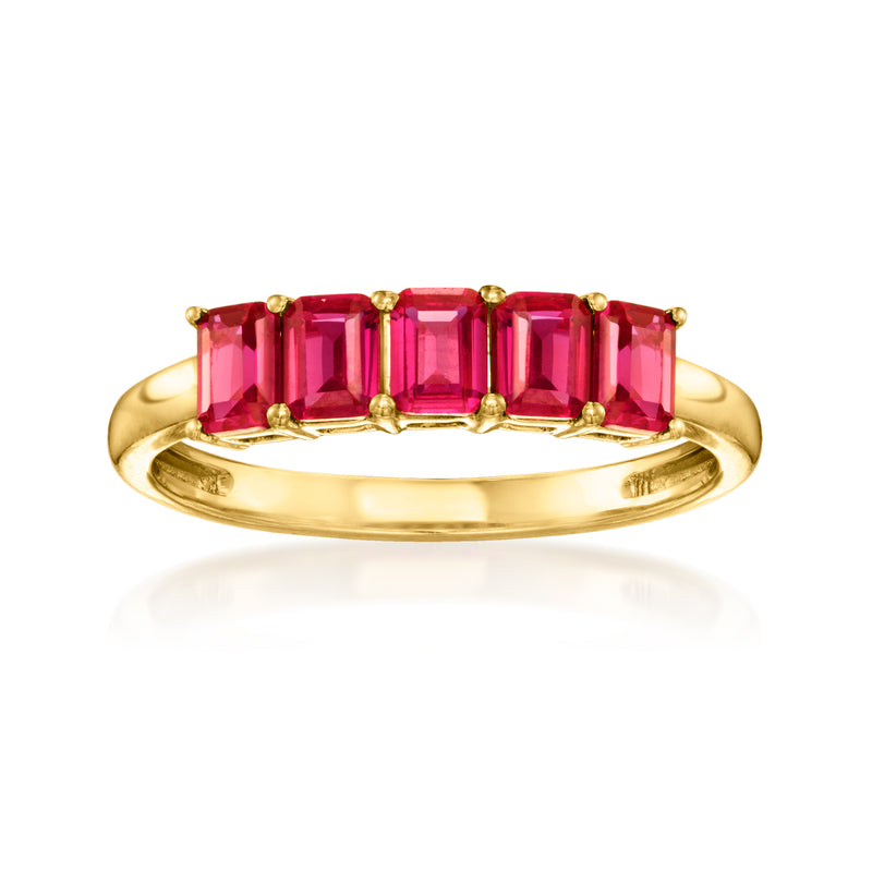 18kt gold vermeil ring with five rectangular pink-red lab ruby gemstones