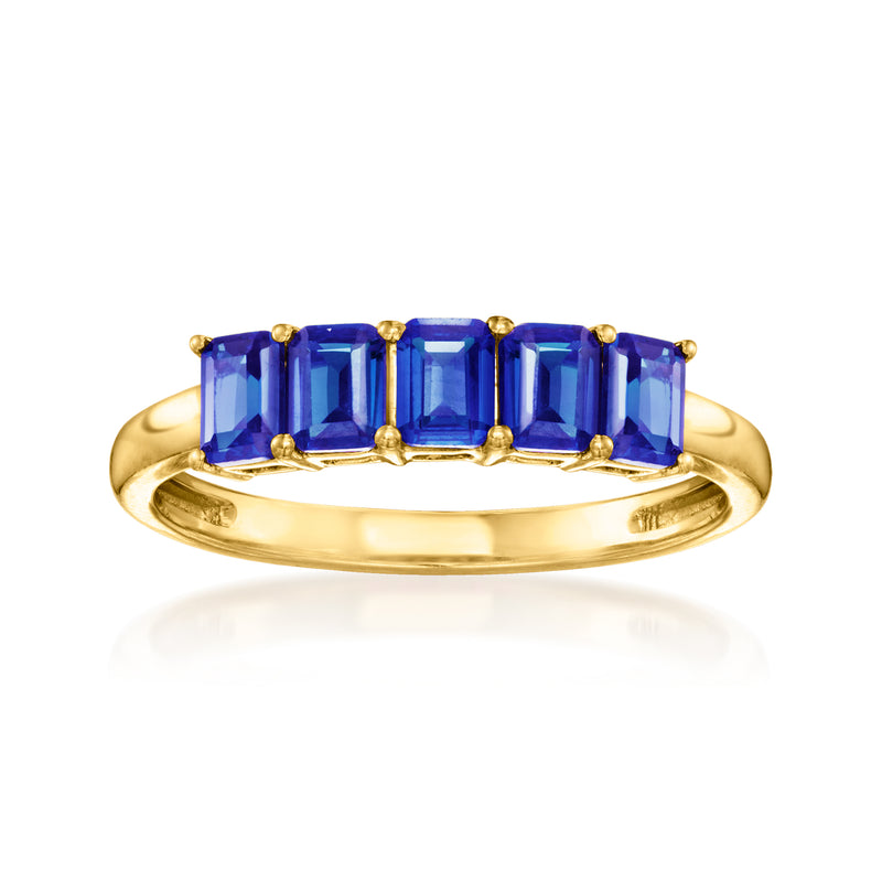 Gold vermeil ring with three blue lab-grown sapphire baguette stones