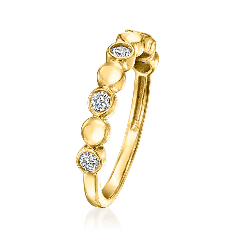 Gold vermeil diamond disc ring, side view with round stones and sculpted band