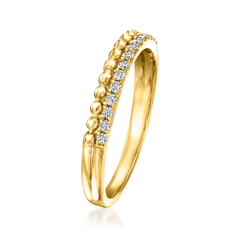 Beaded two-row diamond ring, side view, yellow gold over sterling with round stones