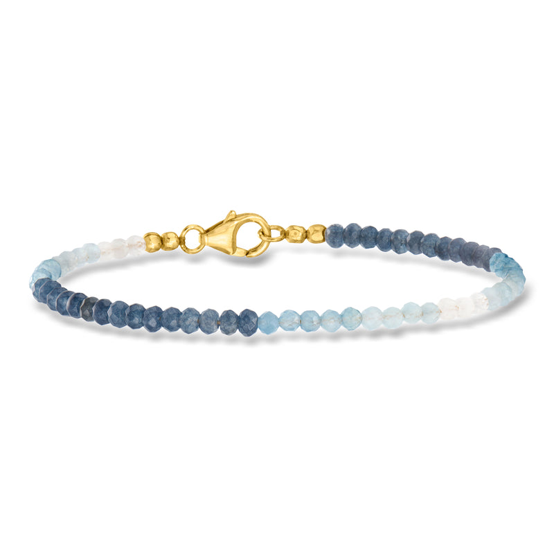Multi-gem bead bracelet with blue beads and gold clasp, 18kt gold over sterling