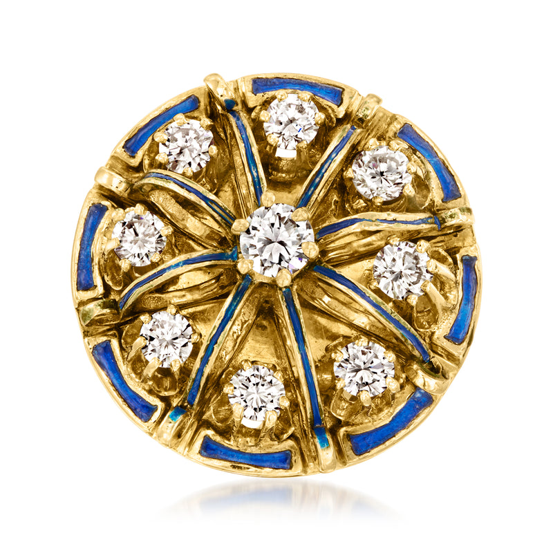 Vintage diamond ring in 14kt yellow gold with blue enamel and round diamond cluster