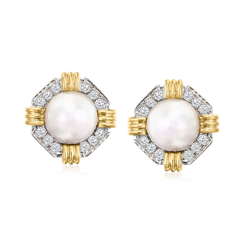 Two-tone gold mabe pearl earrings with diamond halo, clip/post style