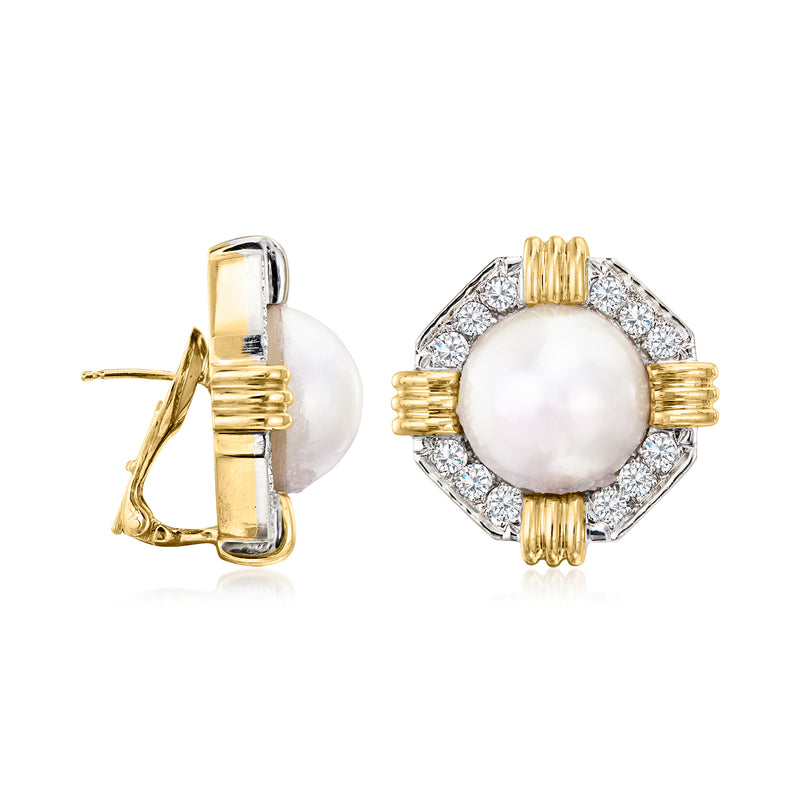 Two-tone gold mabe pearl earrings with diamond halo, post backs visible