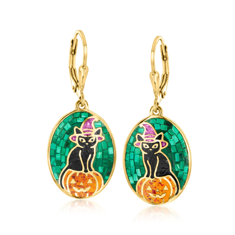 Halloween cat & pumpkin mosaic drop earrings, gold over sterling, leverback, green oval