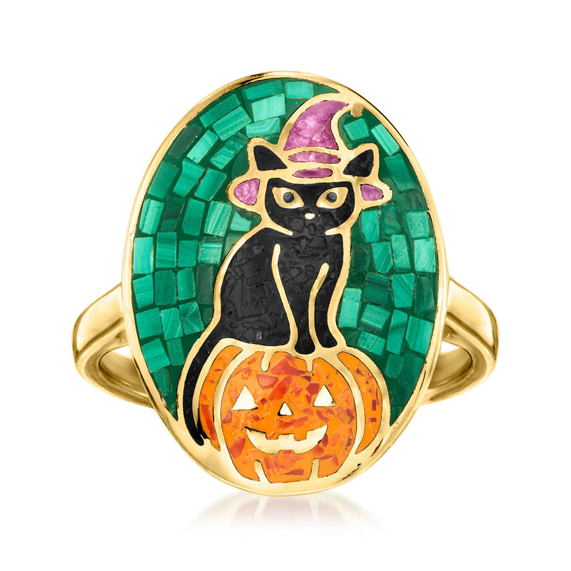 Multi-Gemstone Halloween Cat and Pumpkin Mosaic Ring in 18kt Gold Over Sterling