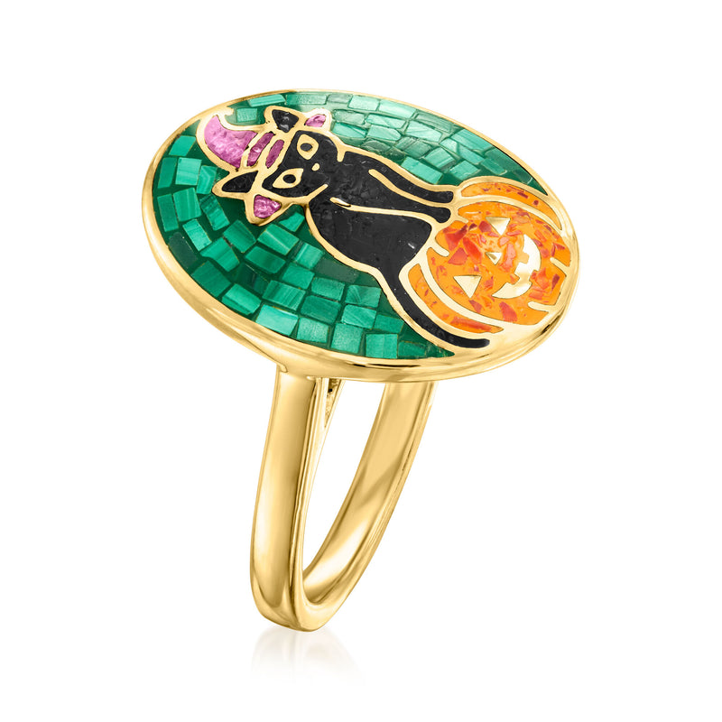 Multi-Gemstone Halloween Cat and Pumpkin Mosaic Ring in 18kt Gold Over Sterling