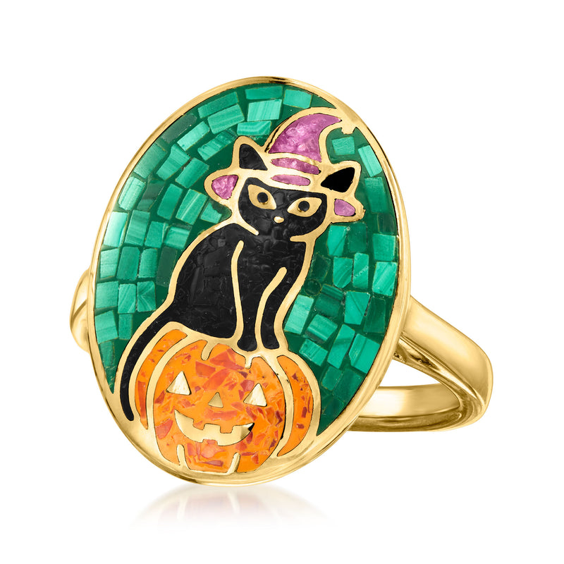 Multi-Gemstone Halloween Cat and Pumpkin Mosaic Ring in 18kt Gold Over Sterling