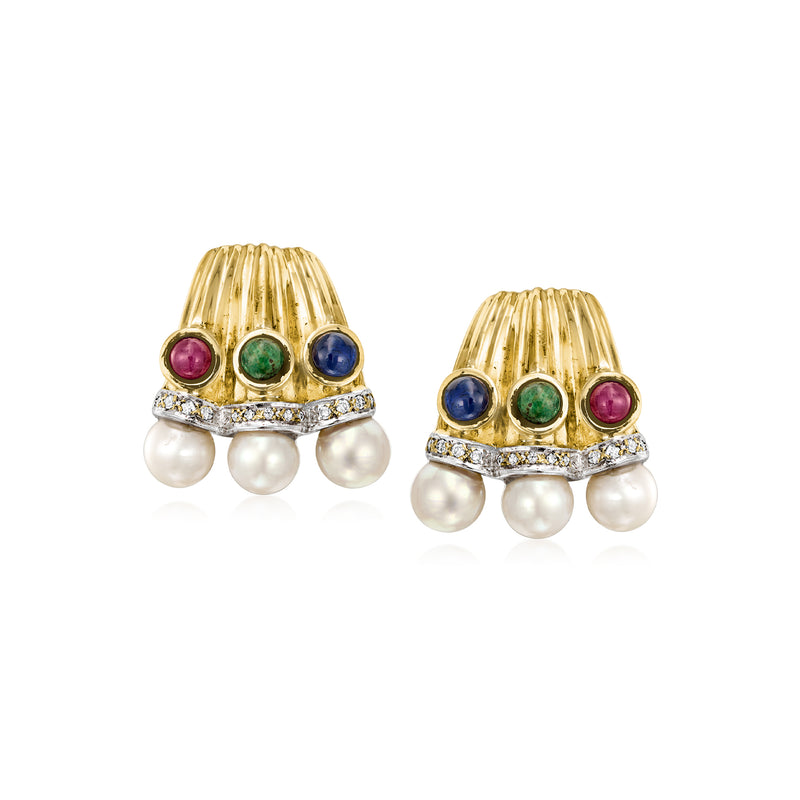18k yellow gold multi-gemstone and diamond accents cultured pearl drop earrings