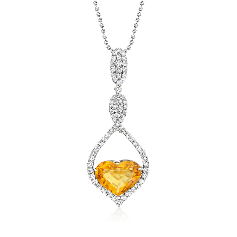 18kt white gold heart pendant necklace with citrine center and diamond halo accents