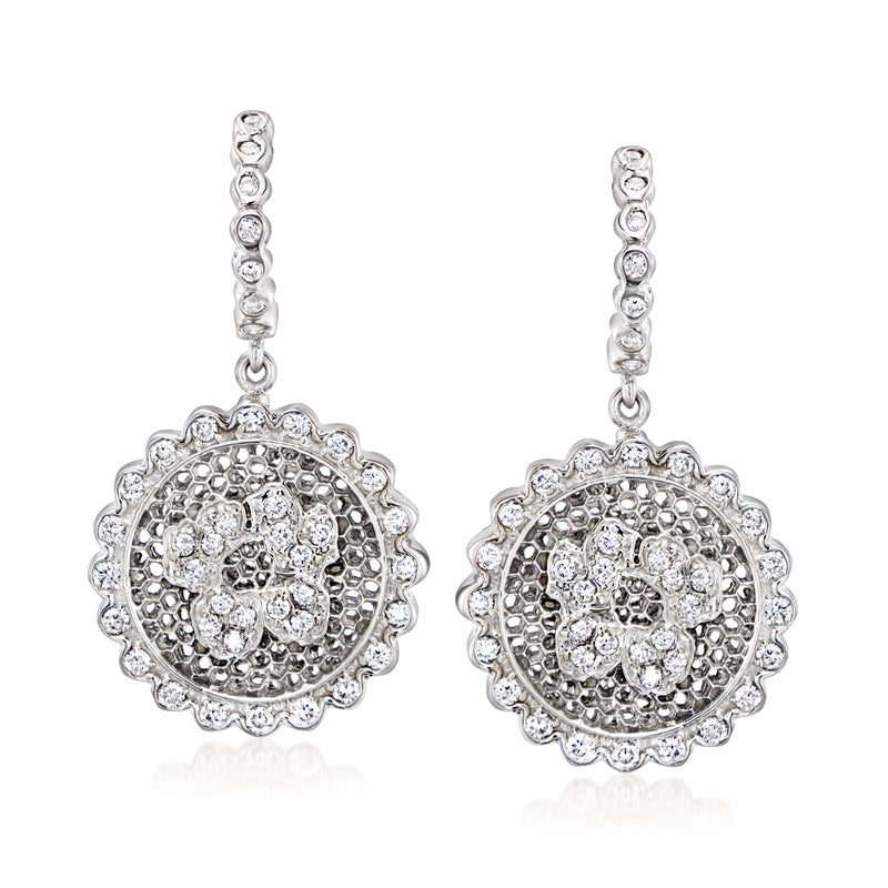 Diamond floral drop earrings in 18kt white gold with round filigree pendants
