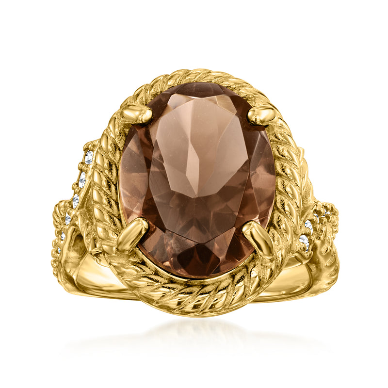 Gold-tone oval smoky quartz ring with rope bezel and small clear stone accents