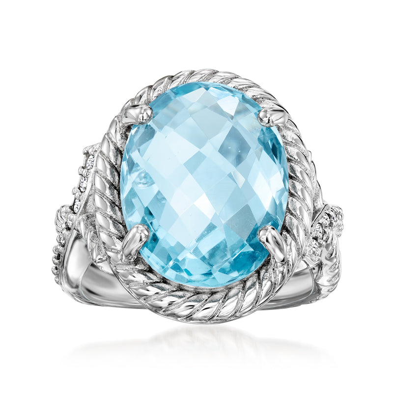 Sterling silver oval sky-blue topaz halo ring with braided twist setting